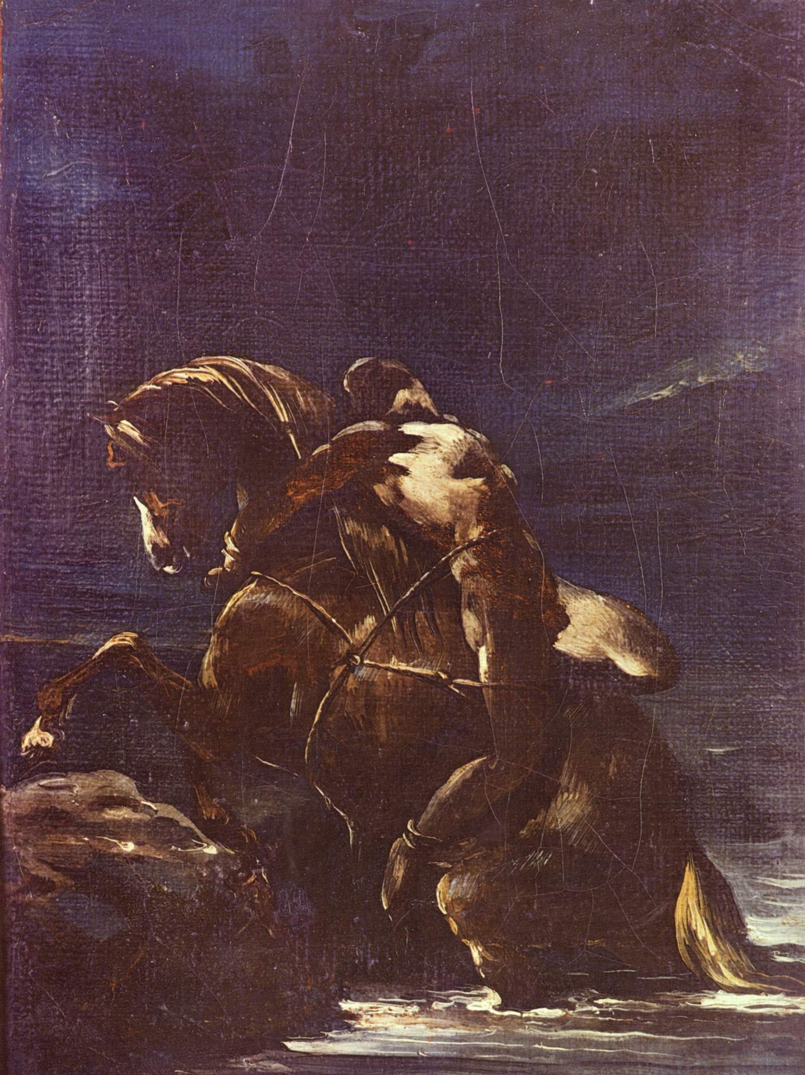 Théodore Géricault - Mazeppa (um 1820), Privatsammlung. Eines von Géricaults letzten Gemälden vor seinem Tod: Nach einem Gedicht, das auf der Legende von Mazeppa beruht. Der junge Liebhaber, der mit der Frau eines Günstlings des Königs erwischt wurde, wird dazu verurteilt, bis zu seinem Tod nackt auf einem verrückten Pferd in der Steppe angebunden zu sein. Das Pferd stirbt und der Jüngling wird von Kosaken gerettet, deren Anführer er später wird.
