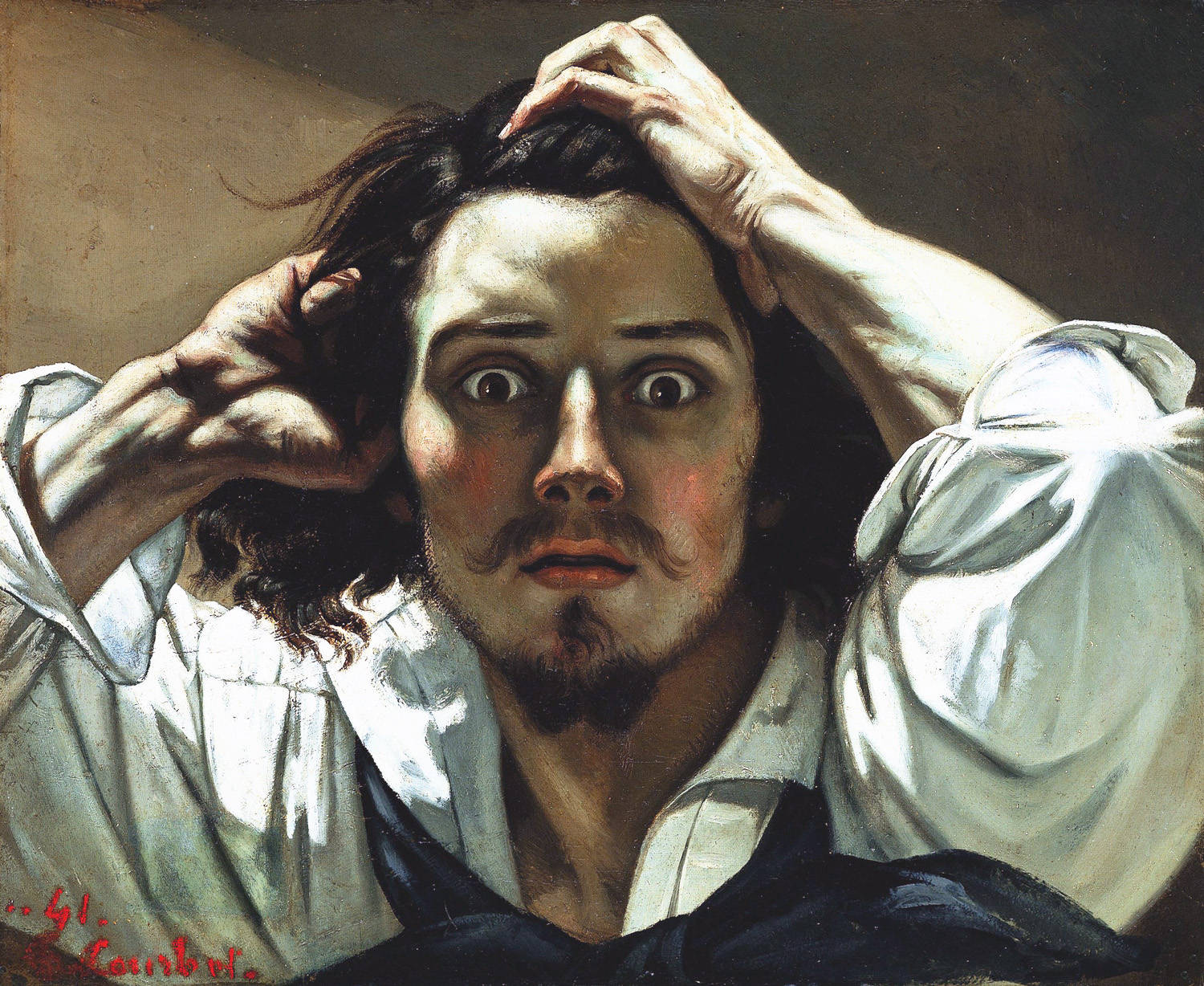 Gustave Courbet, Selbstporträt  (Der Verzweifelte (1843–1845)). Oil on canvas, 44 x 54 cm (17.3 x 21.2 in) - Privatsammlung. Das Gemälde “Le Désespéré” von Gustave Courbet aus dem Jahr 1843 zeigt einen jungen Mann, der in einem Raum sitzt mit einem Lichteinfall von seiner rechten Seite (vom Betrachter die Linke). Sein Gesichtsausdruck ist von Verzweiflung geprägt. Die Schatten im Gesicht mit roten Wangen stehen im starken Kontraste  mit dem Weiß des Hembes, das er trägt. Zu betonen ist sein emotionaler Ausdruck durch den die Gesichtsmuskulatur hervortritt. Der Mann hält seinen Kopf mit beiden Händen und schaut mit wahnhaft aufgerissenen Augen die Betrachtenden an.